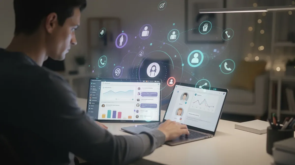 A creator is seated at a laptop, managing an online community dashboard, with abstract community icons symbolizing user engagement and collaboration floating around the screen. This image represents the vibrant atmosphere of community building on a social media platform, emphasizing the importance of member engagement and internal collaboration.