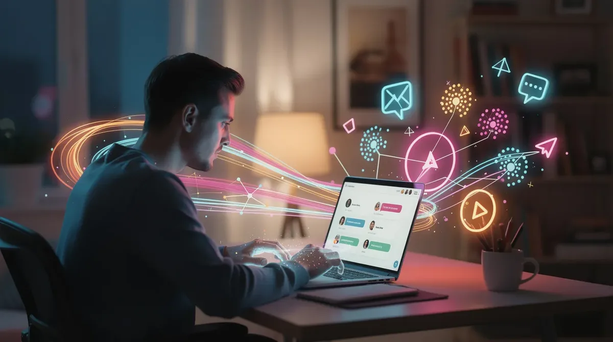A creator sits at a laptop, managing an online community surrounded by vibrant abstract elements that symbolize engagement and connection in the digital age. This scene captures the essence of human nature as the individual navigates the complexities of modern society and fosters relationships among fifty strangers.