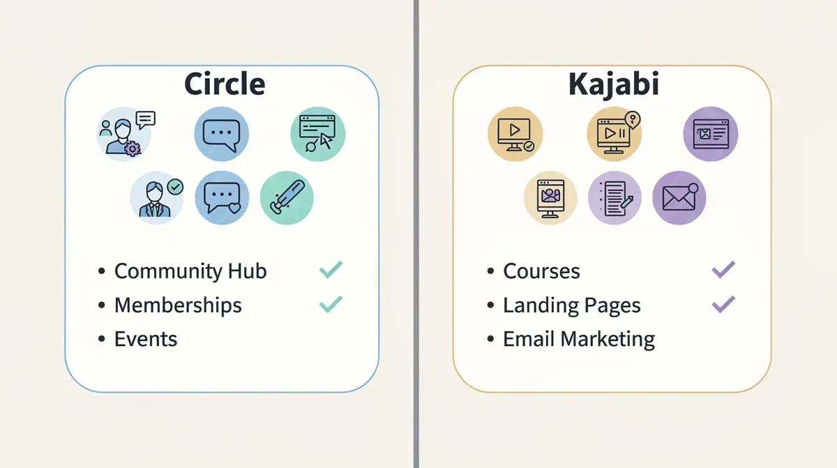 The image illustrates a comparison between Circle and Kajabi, highlighting their distinct features as community platforms. It emphasizes Circle's focus on community building and engagement, while Kajabi offers an all-in-one solution for course creation and advanced marketing tools tailored for serious community businesses.