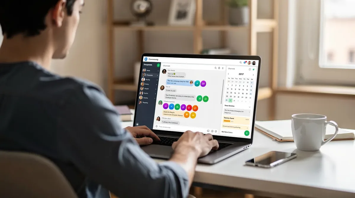A creator sits at a laptop, actively managing an online community dashboard filled with chat notifications and calendar events. The scene captures the essence of digital engagement, where the creator interacts with friends and fans, sharing funny moments and discussing episodes of a popular K-drama.