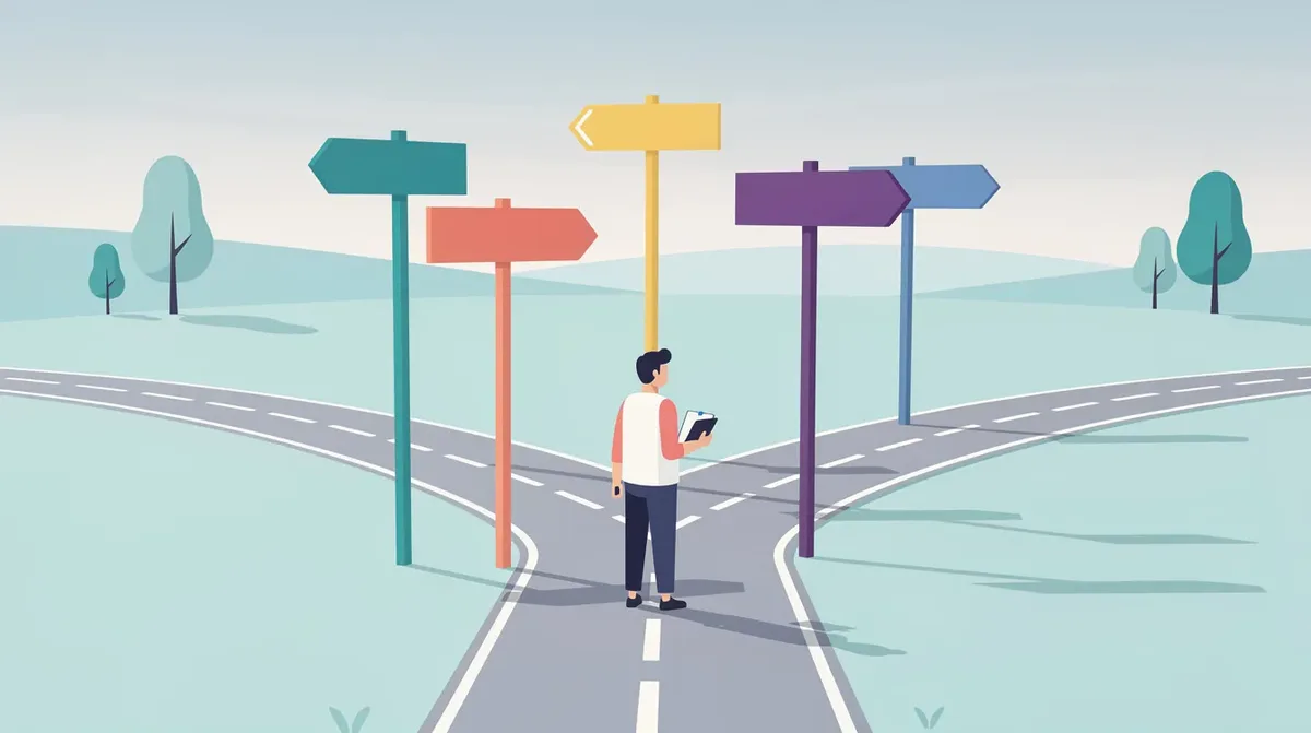 A creator stands at a vibrant crossroads, surrounded by colorful signposts indicating various paths, symbolizing different journeys in community building. The clean, flat-style landscape emphasizes the opportunities available on dedicated community platforms for engagement and connection among community members.