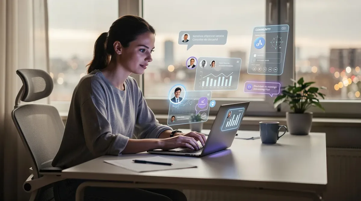 A creator is seated at a laptop in a modern workspace, actively managing an online community while abstract interface elements representing online courses and marketing tools float around the screen. The scene illustrates the use of an all-in-one platform like Kajabi for building websites, creating marketing campaigns, and engaging with members.