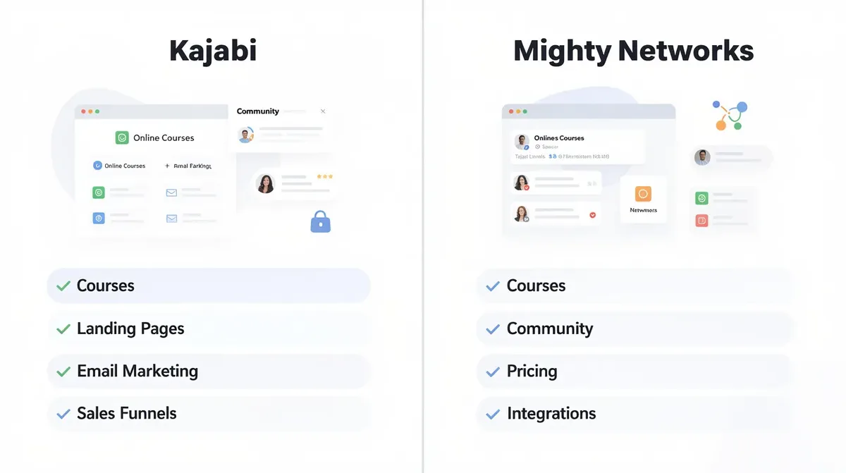 The image illustrates a comparison between Kajabi and Mighty Networks, showcasing their features for community building and online courses. It highlights key aspects such as course creation, community engagement, and marketing tools, helping course creators choose the right platform for their business model.